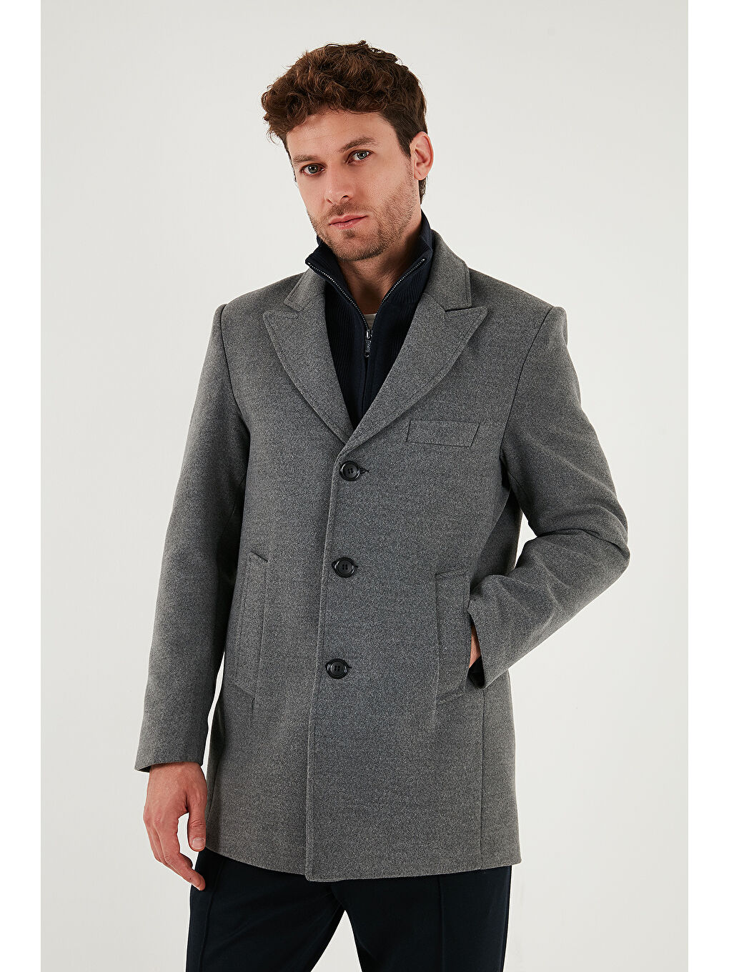 Gri Slim Fit Apaş Yaka Astarlı Kaşe Kaban 584K1217