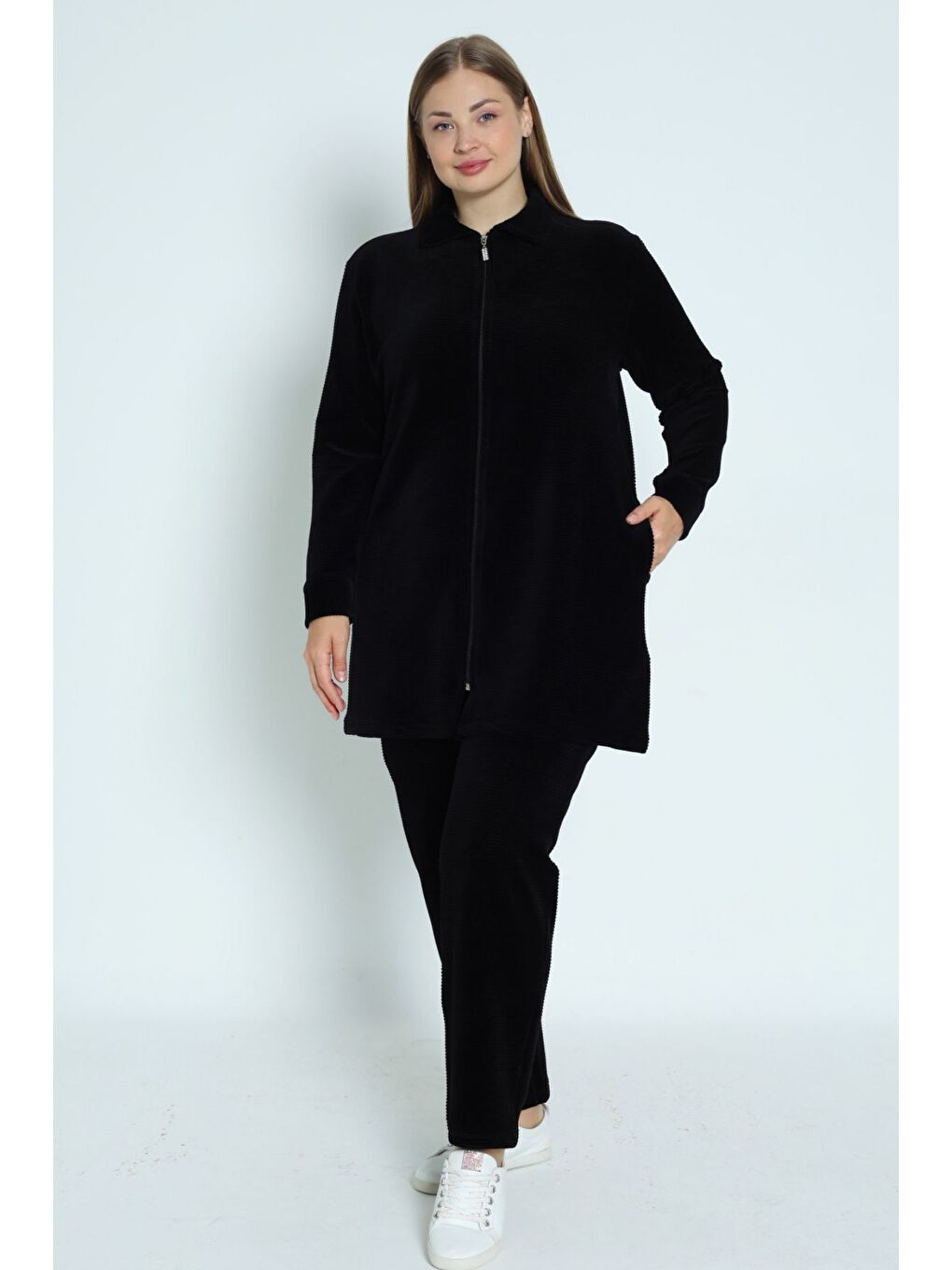 Siyah kadın büyük beden haki fermuarlı cepli uzun kollu pamuklu kadife alt üst takım