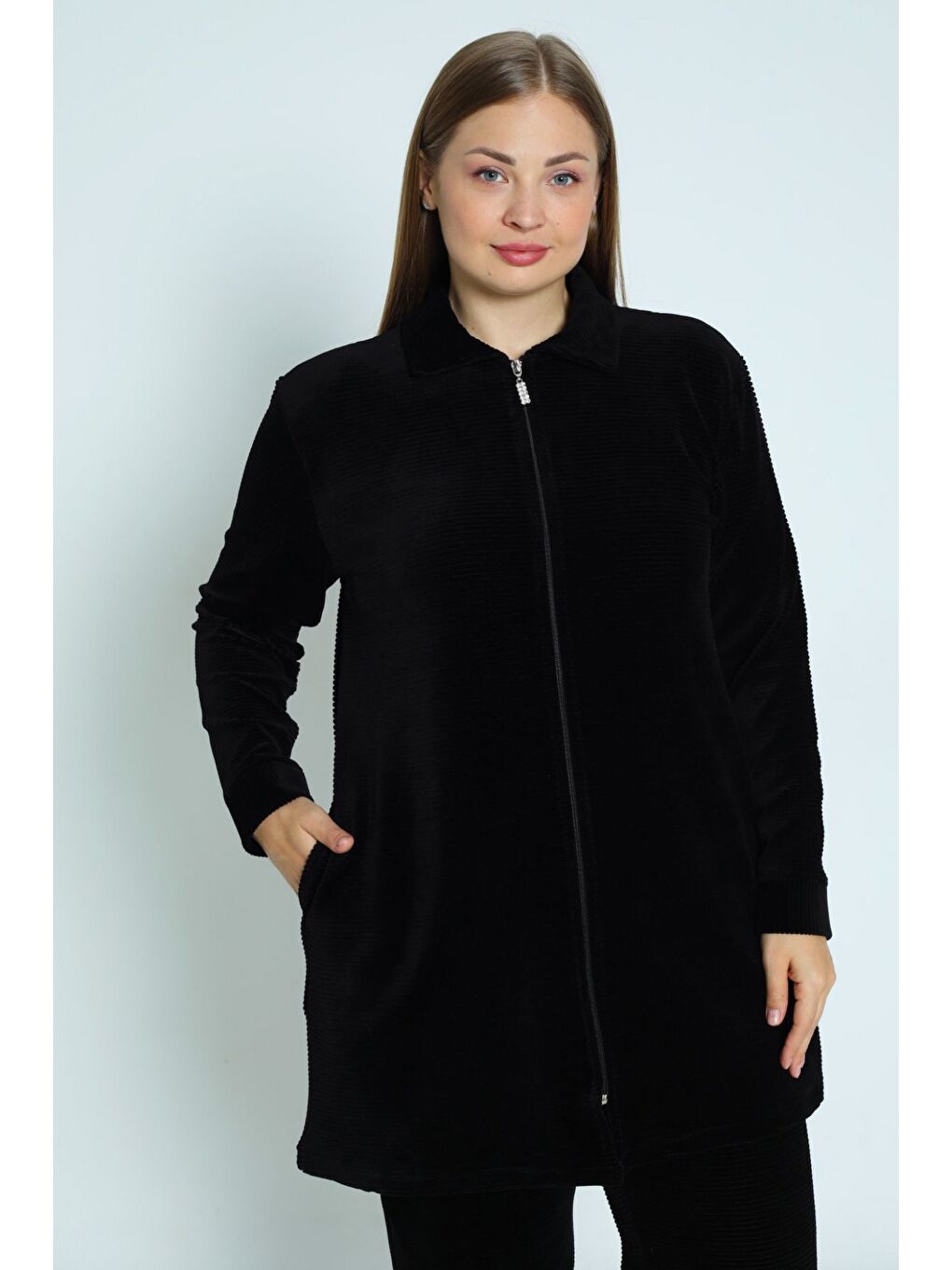 Siyah kadın büyük beden haki fermuarlı cepli uzun kollu pamuklu kadife alt üst takım-1