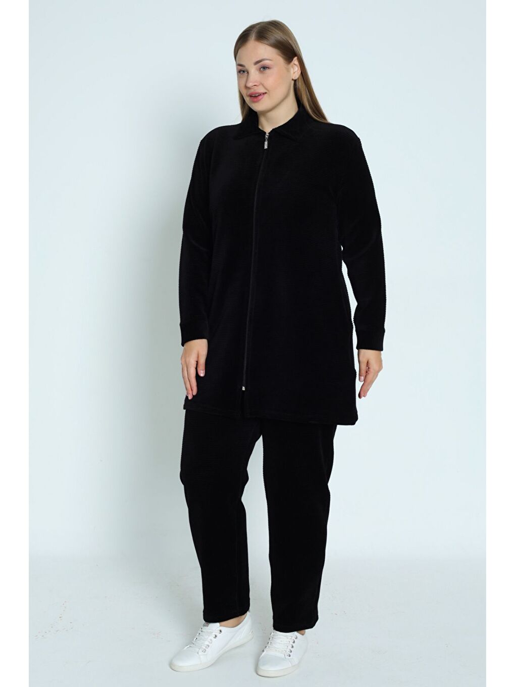 Siyah kadın büyük beden haki fermuarlı cepli uzun kollu pamuklu kadife alt üst takım-2