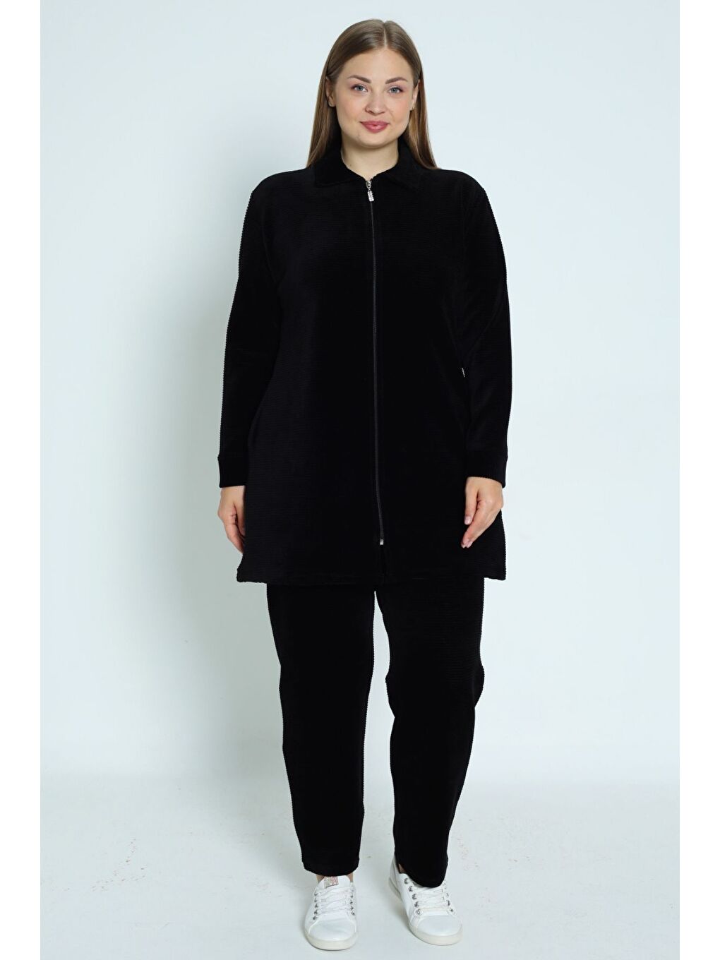 Siyah kadın büyük beden haki fermuarlı cepli uzun kollu pamuklu kadife alt üst takım-3