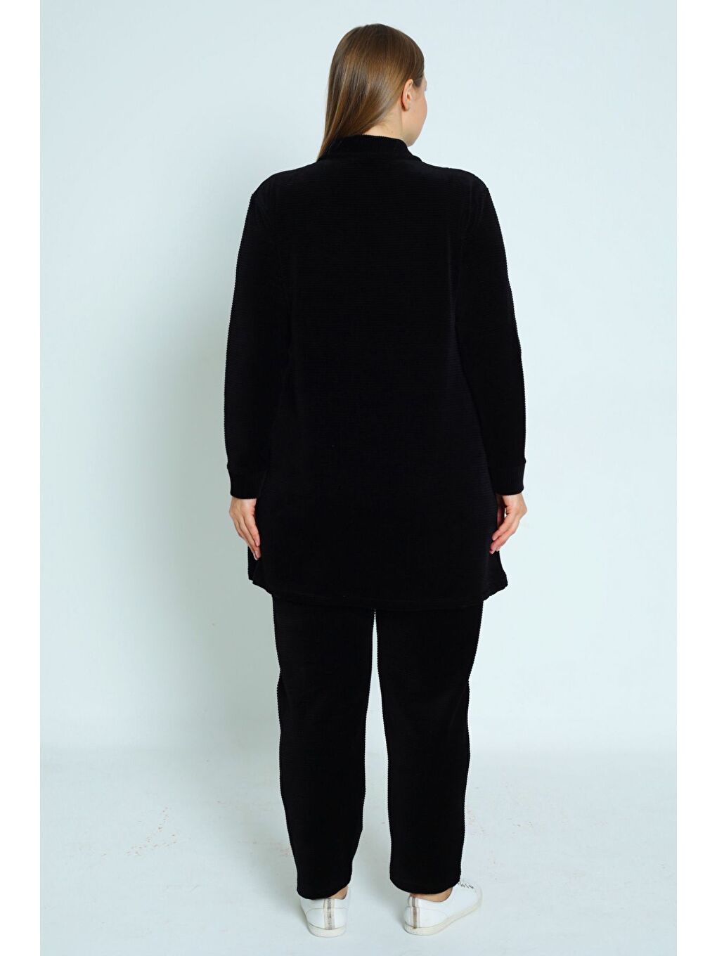 Siyah kadın büyük beden haki fermuarlı cepli uzun kollu pamuklu kadife alt üst takım-4