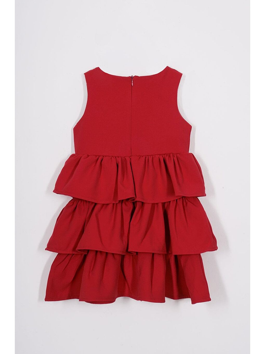 Bisiklet Yaka Kurdele Detaylı Eteği Fırfırlı Sıfır Kol Kırmızı Renk Kız Çocuk Elbise-1
