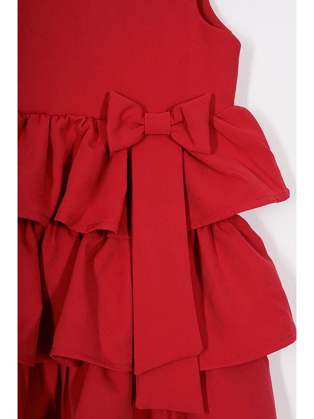 Bisiklet Yaka Kurdele Detaylı Eteği Fırfırlı Sıfır Kol Kırmızı Renk Kız Çocuk Elbise-2