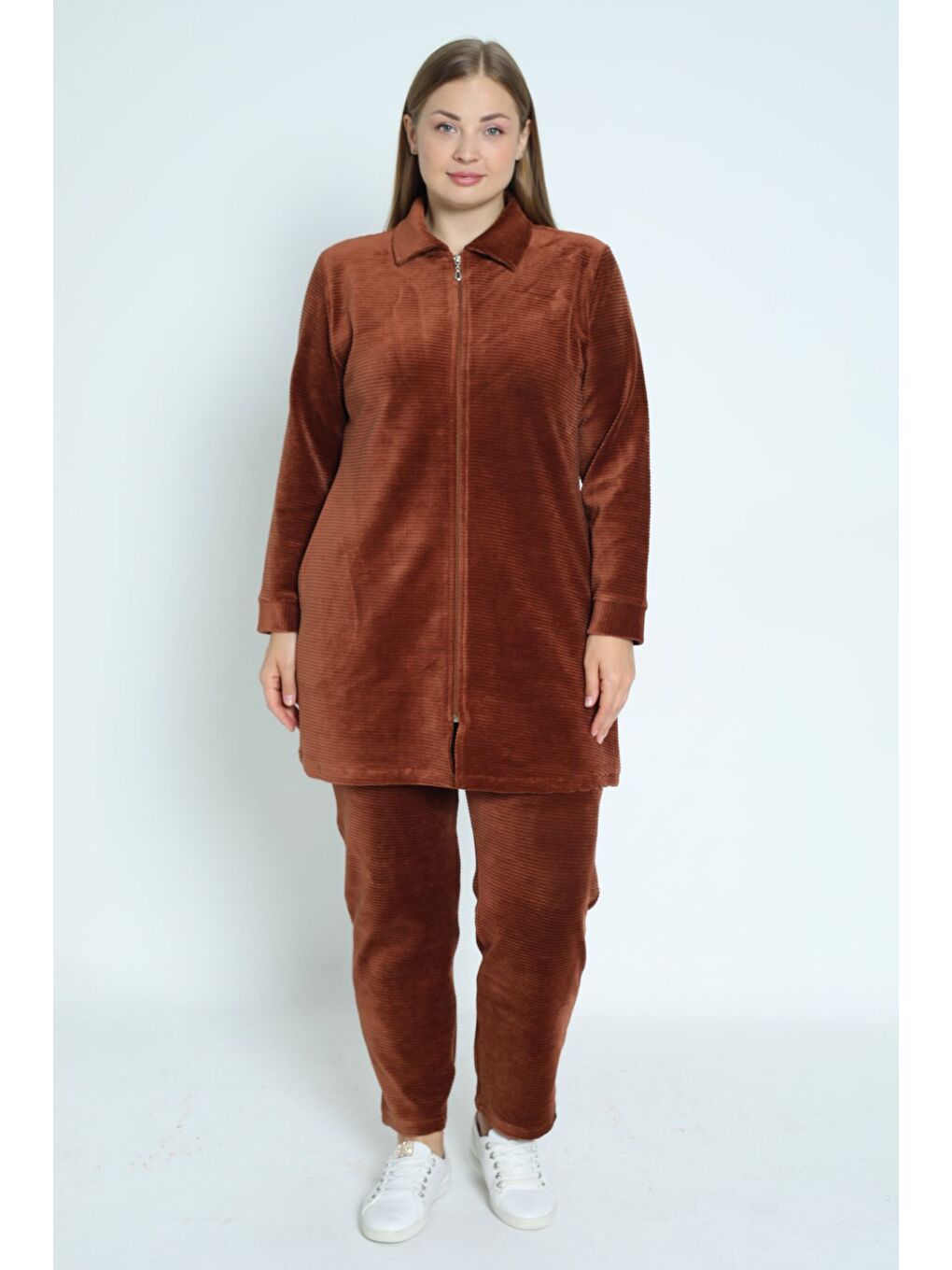 Kahverengi kadın büyük beden haki fermuarlı cepli uzun kollu pamuklu kadife alt üst takım-4