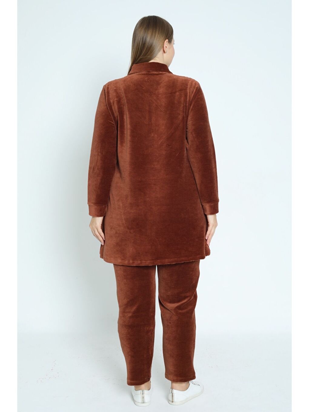 Kahverengi kadın büyük beden haki fermuarlı cepli uzun kollu pamuklu kadife alt üst takım-5