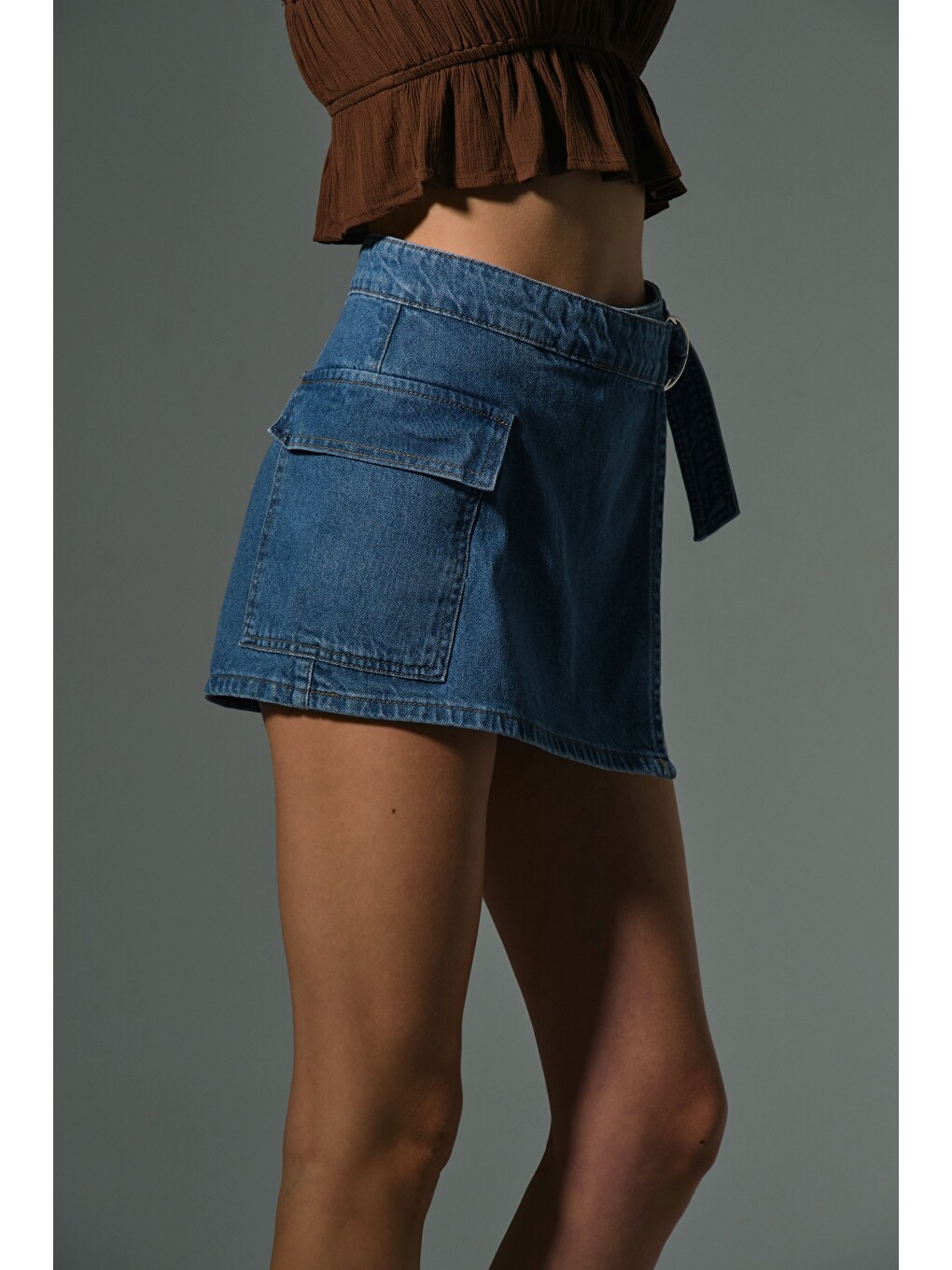 Mavi %100 pamuk Cepli D toka detaylı şort etek indigo denim kadın skort-1