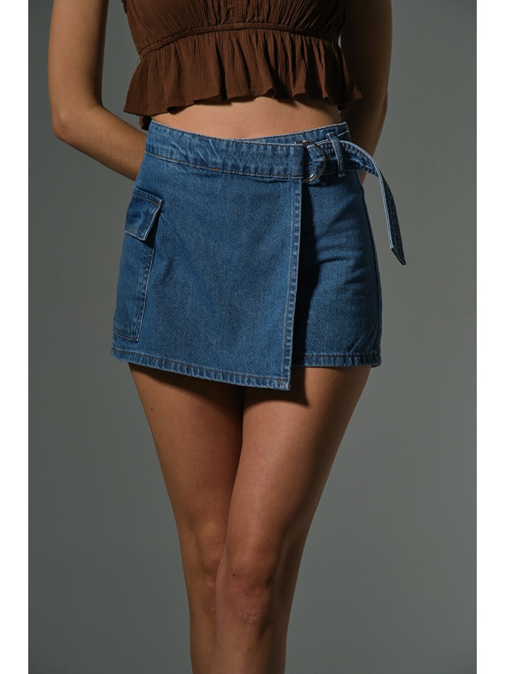 Mavi %100 pamuk Cepli D toka detaylı şort etek indigo denim kadın skort-5