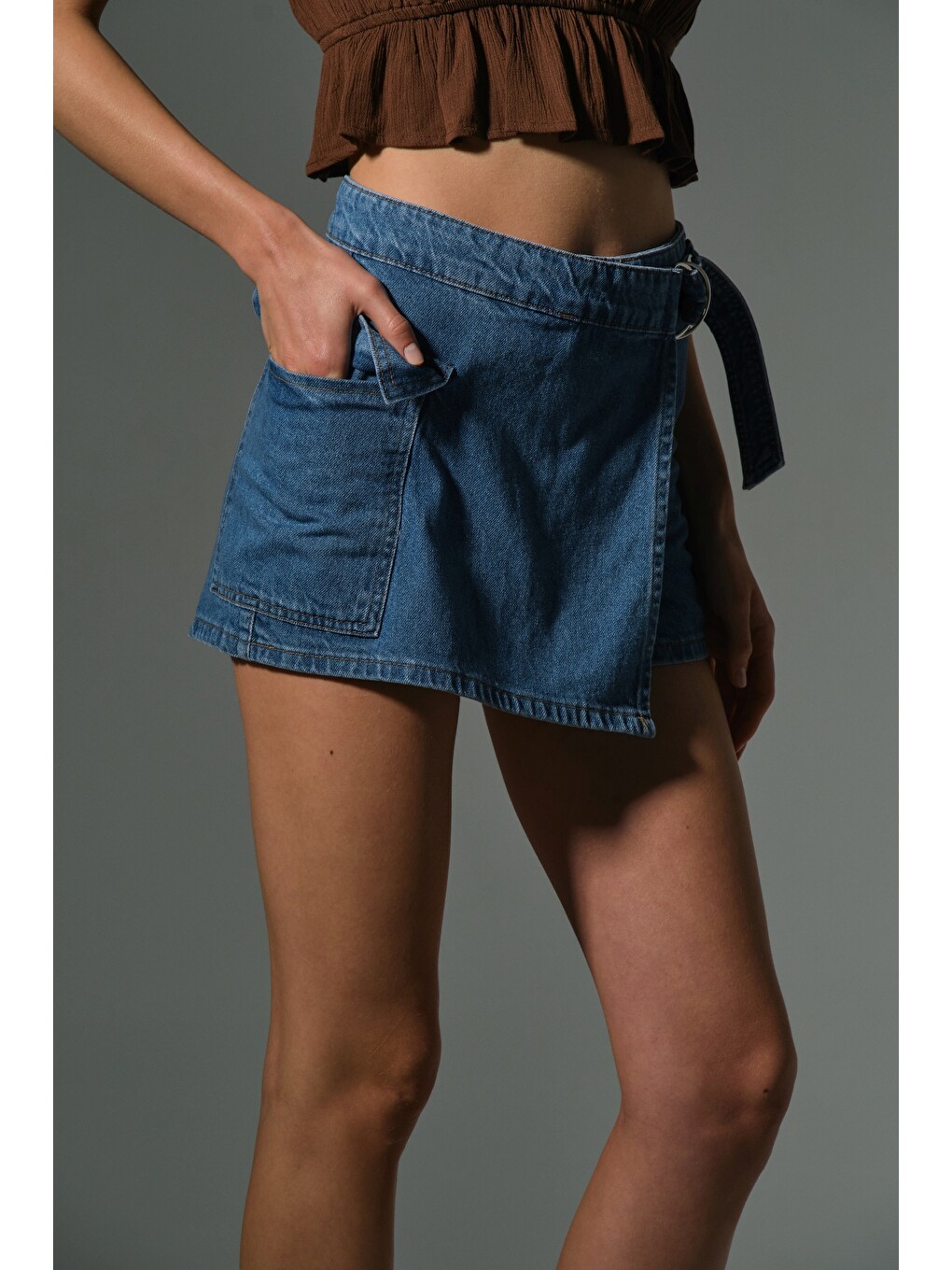 Mavi %100 pamuk Cepli D toka detaylı şort etek indigo denim kadın skort-6