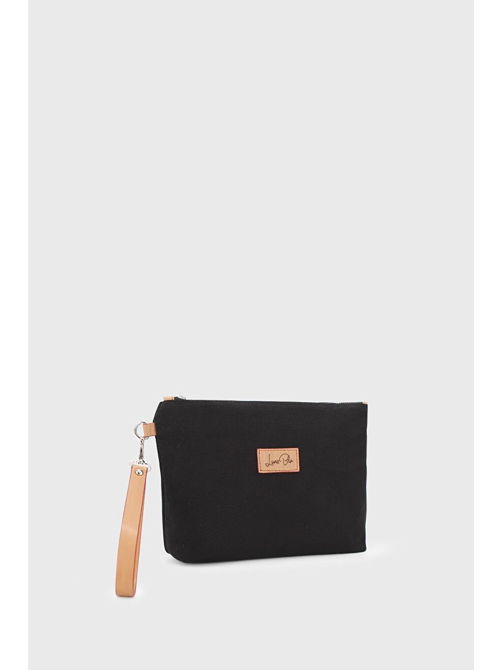 Luna Blu Taba-Siyah Kadın Çizgili Keten Clutch Çanta - 1