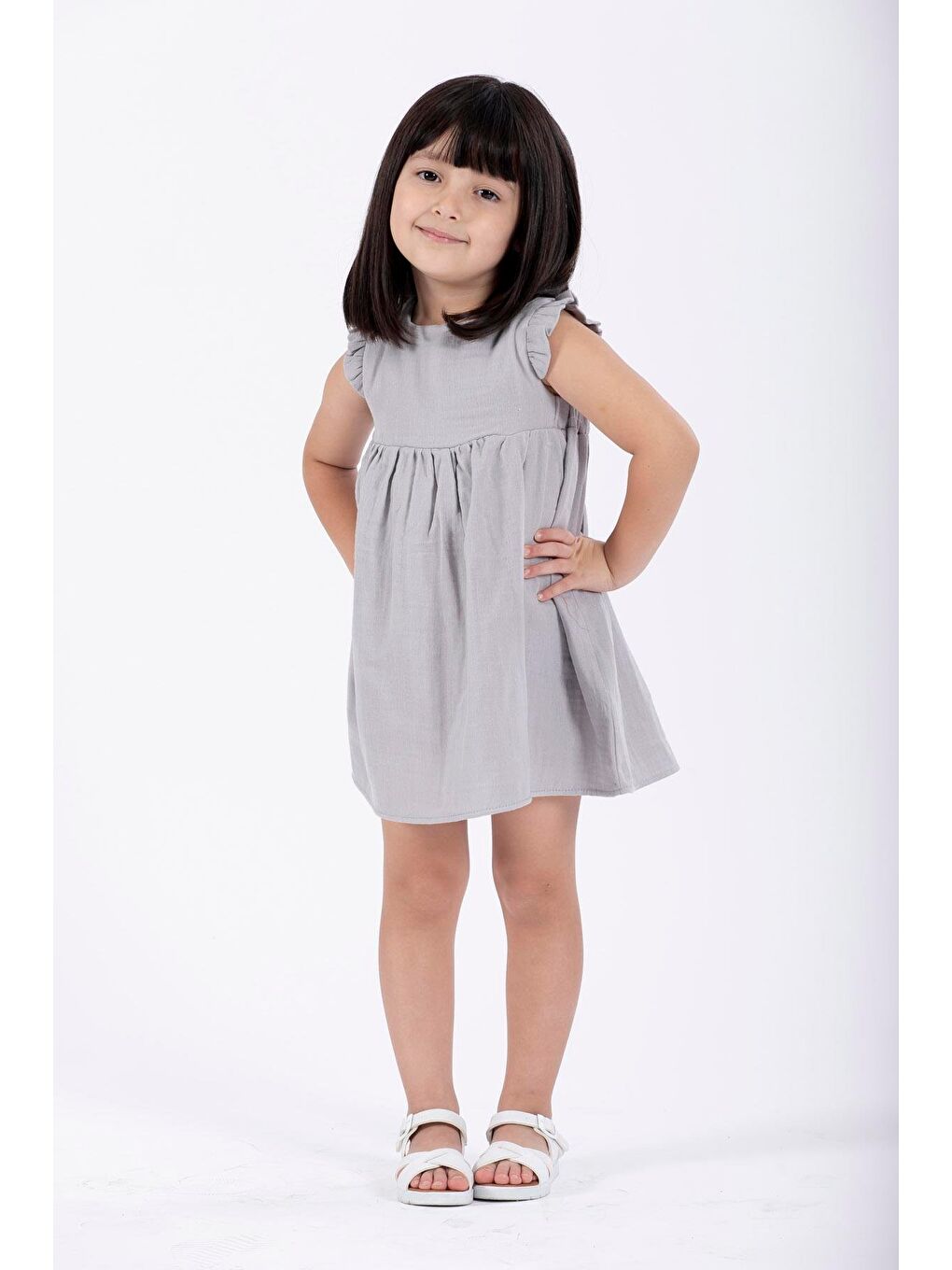 Bisiklet Yaka Omuzları Fırfırlı Gri Renk Kız Çocuk Elbise-2