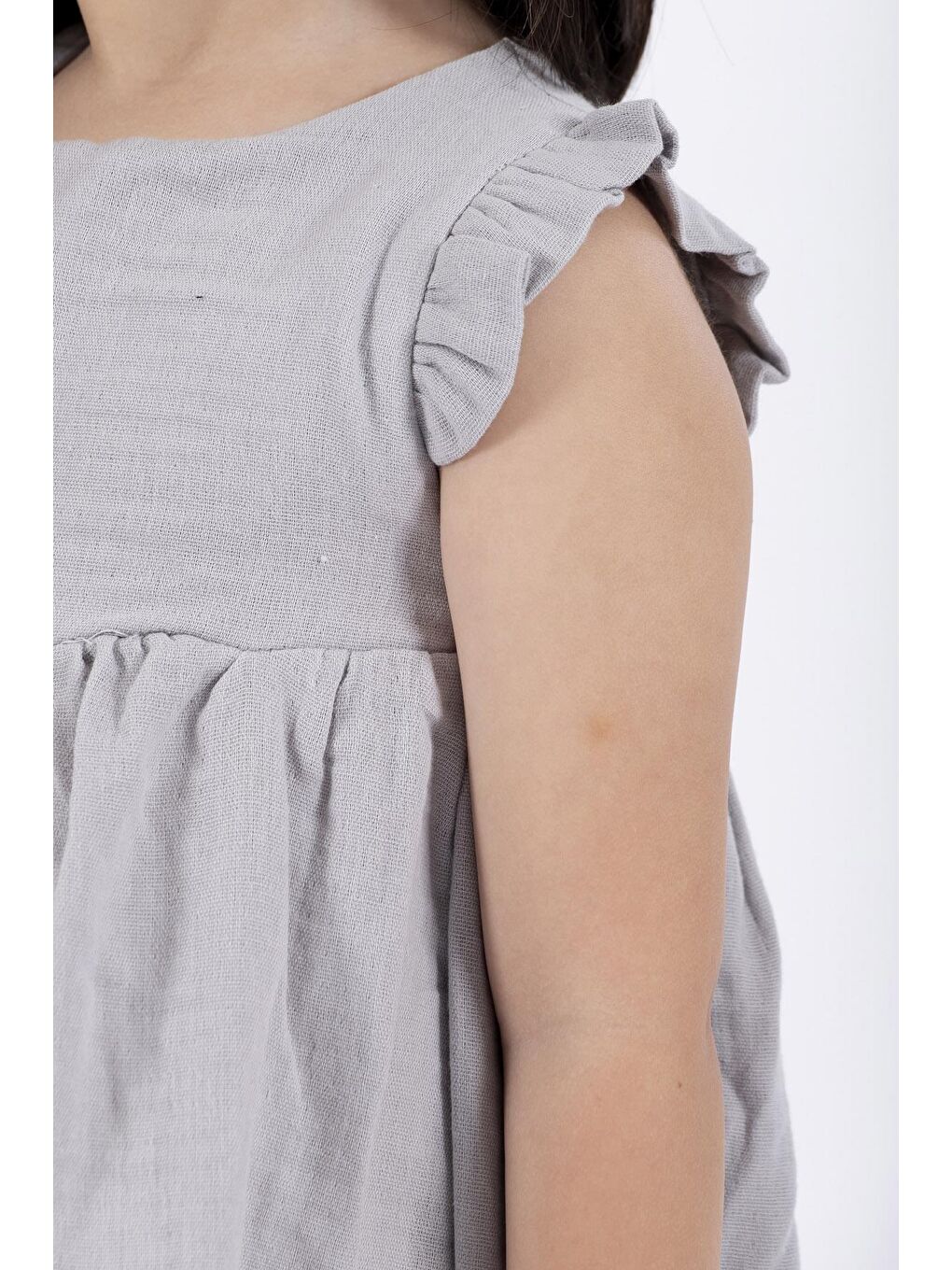 Bisiklet Yaka Omuzları Fırfırlı Gri Renk Kız Çocuk Elbise-4