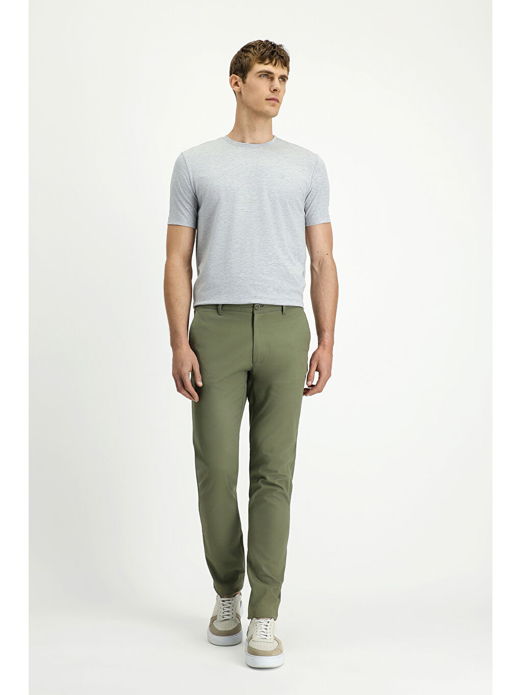 Haki Slim Fit Dar Kesim Desenli Elastanlı Kanvas / Chino Pantolon-2