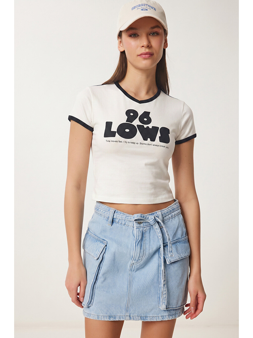 Beyaz Kontrast Baskılı Pamuklu T-shirt BEYAZ LACİVERT LUB0346-1