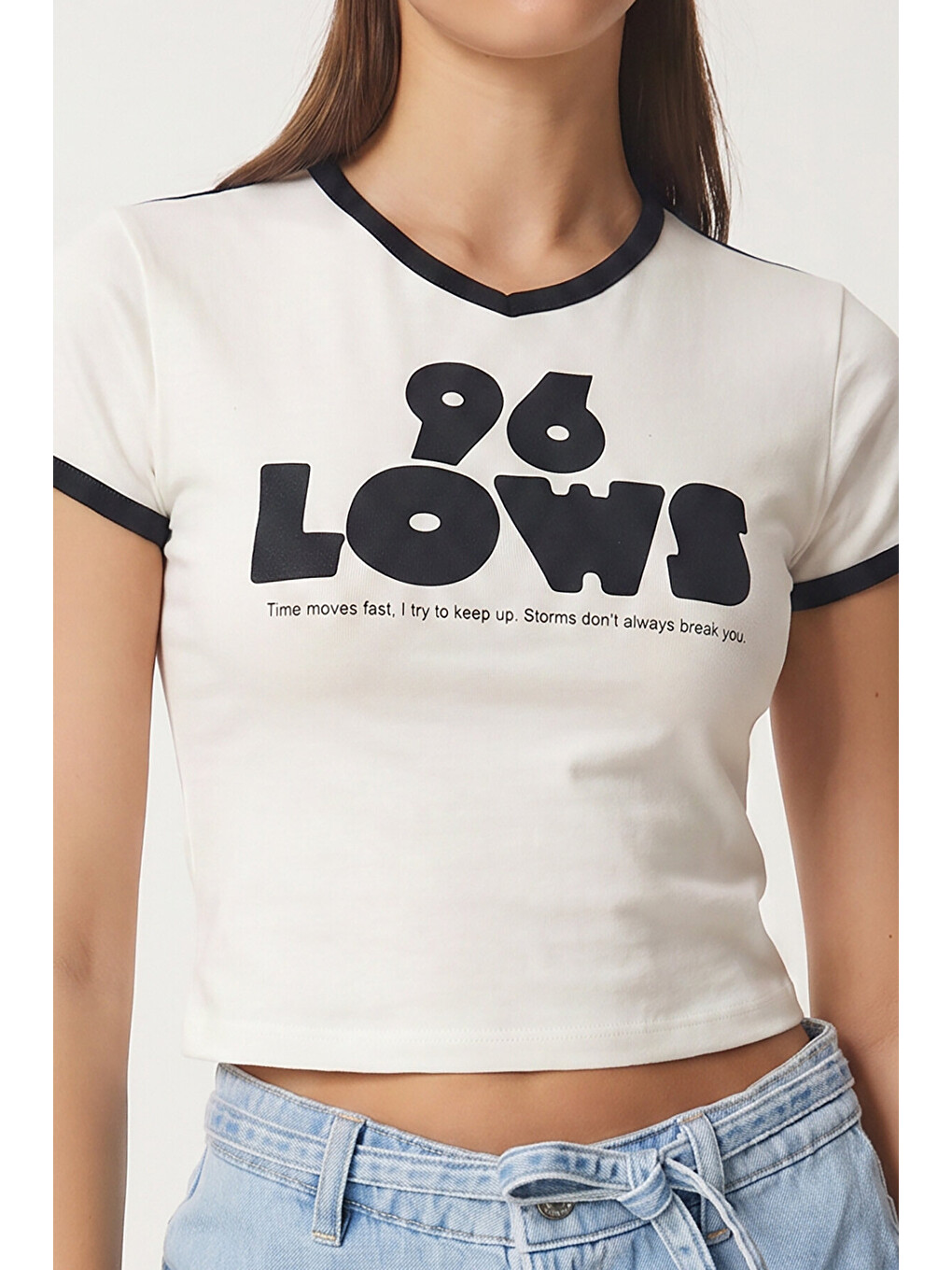 Beyaz Kontrast Baskılı Pamuklu T-shirt BEYAZ LACİVERT LUB0346-3