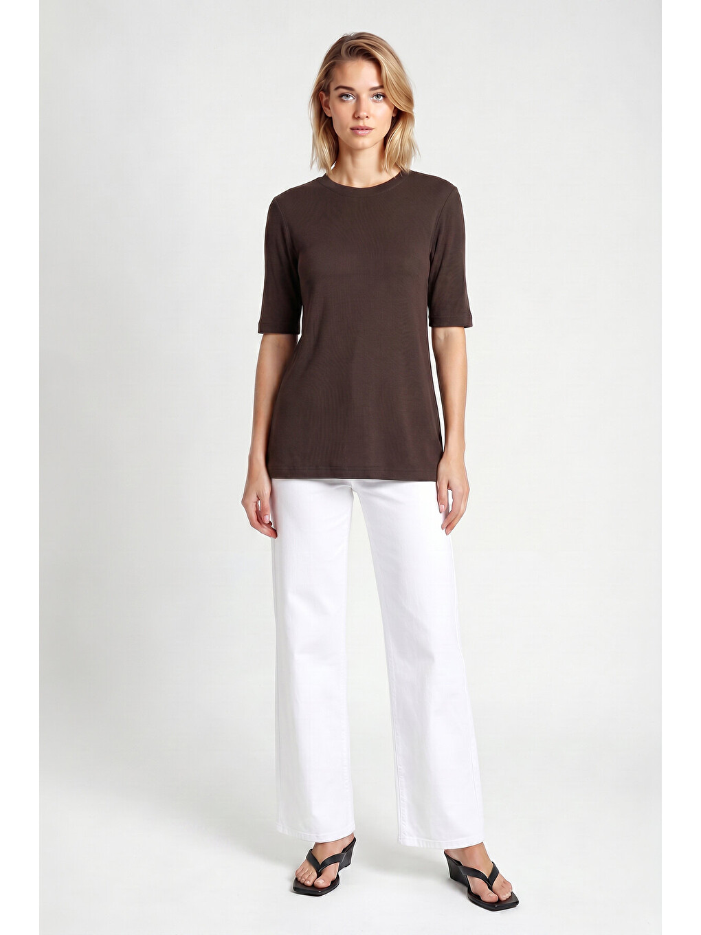 Kahverengi Oversize Basic Fitilli Modal T-shirt ACI KAHVE LUB0361