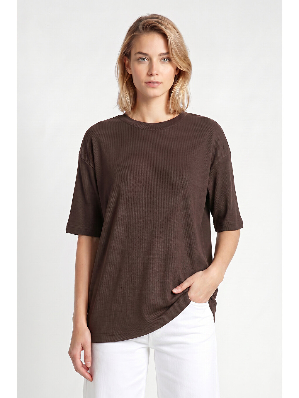 Kahverengi Oversize Basic Fitilli Modal T-shirt ACI KAHVE LUB0361-1