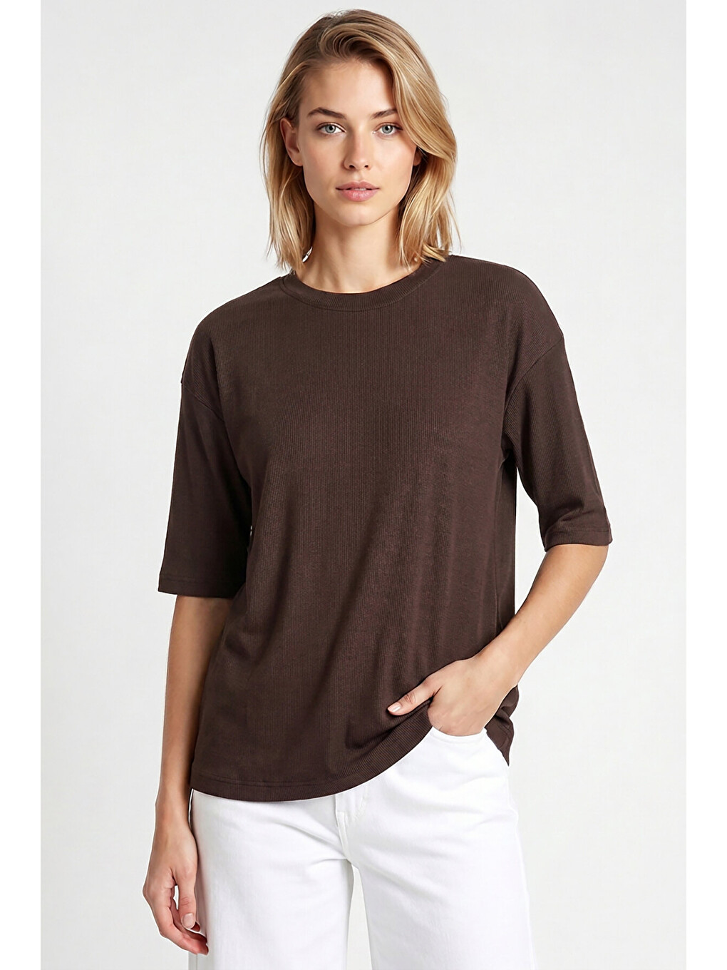 Kahverengi Oversize Basic Fitilli Modal T-shirt ACI KAHVE LUB0361-2