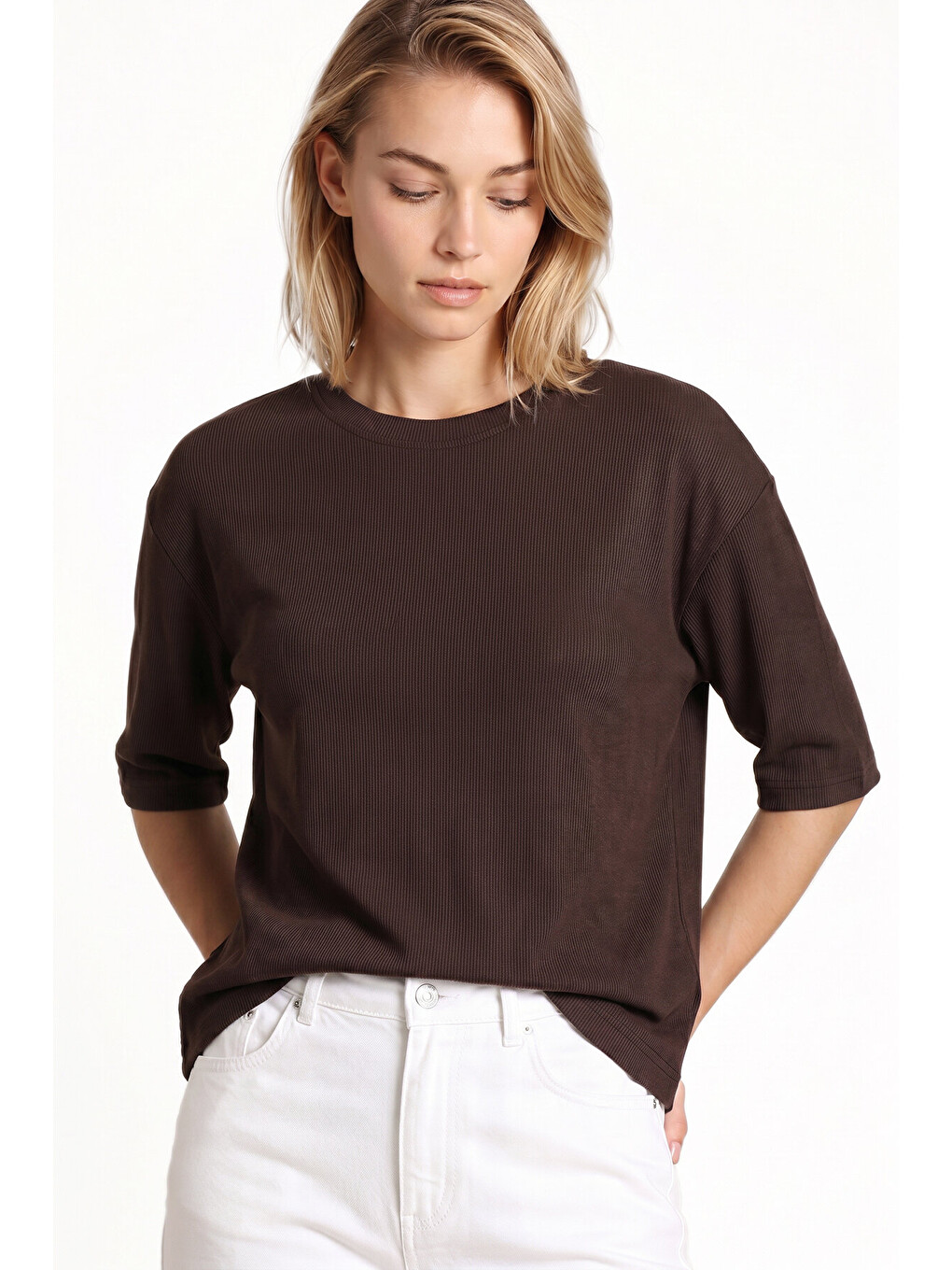 Kahverengi Oversize Basic Fitilli Modal T-shirt ACI KAHVE LUB0361-3