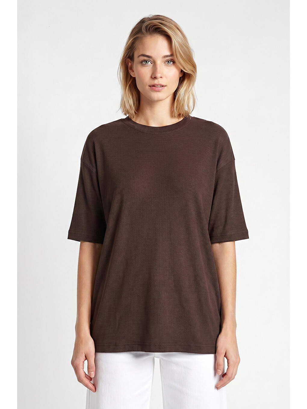 Kahverengi Oversize Basic Fitilli Modal T-shirt ACI KAHVE LUB0361-4