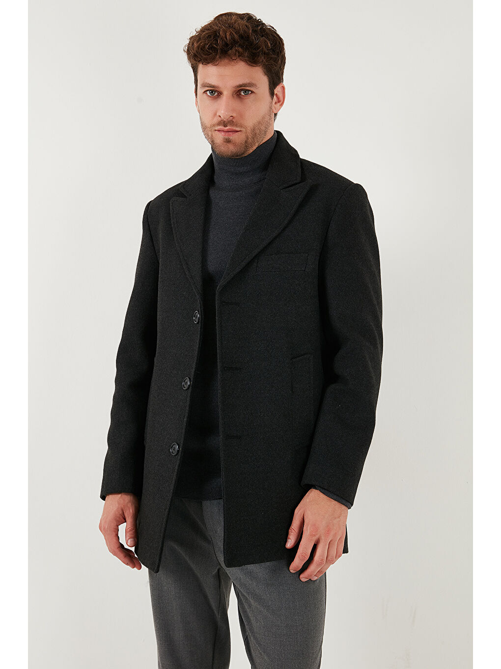 Gri Slim Fit Apaş Yaka Astarlı Kaşe Kaban 584K1217