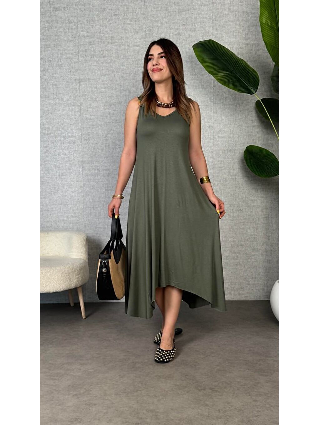 Haki Kadın çan Dokuma Kumaş V Yaka Asimetrik Kesim Elbise