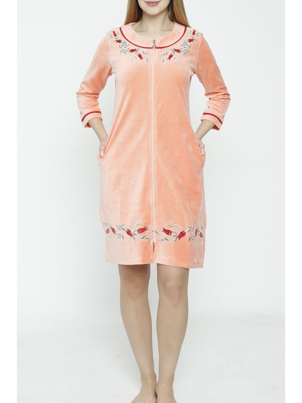 Turuncu kadın fermuarlı nakış ve biye detaylı pamuklu kadife elbise-1