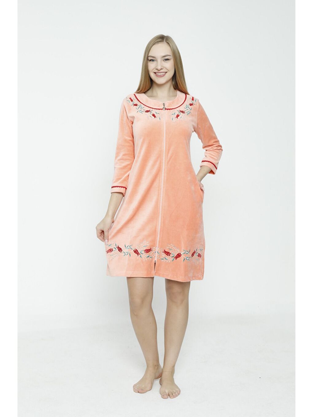 Turuncu kadın fermuarlı nakış ve biye detaylı pamuklu kadife elbise-2