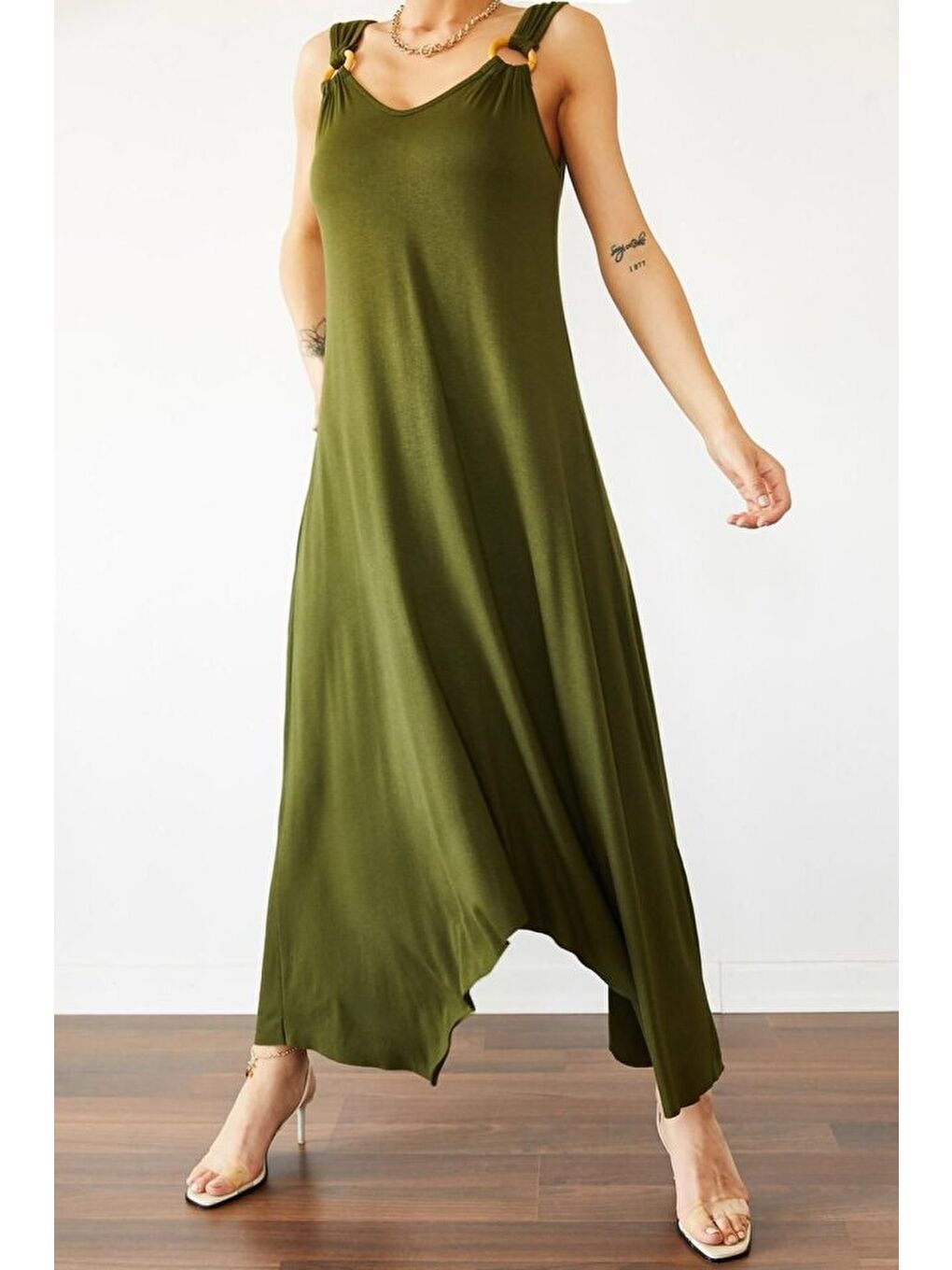 Haki Kadın çan Dokuma Kumaş V Yaka Asimetrik Kesim Elbise-1