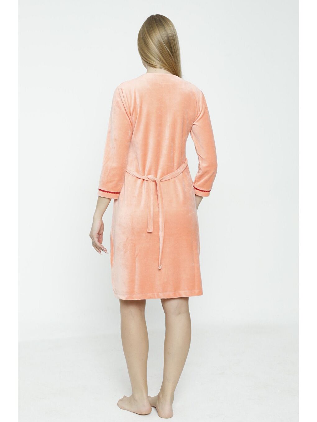 Turuncu kadın fermuarlı nakış ve biye detaylı pamuklu kadife elbise-3