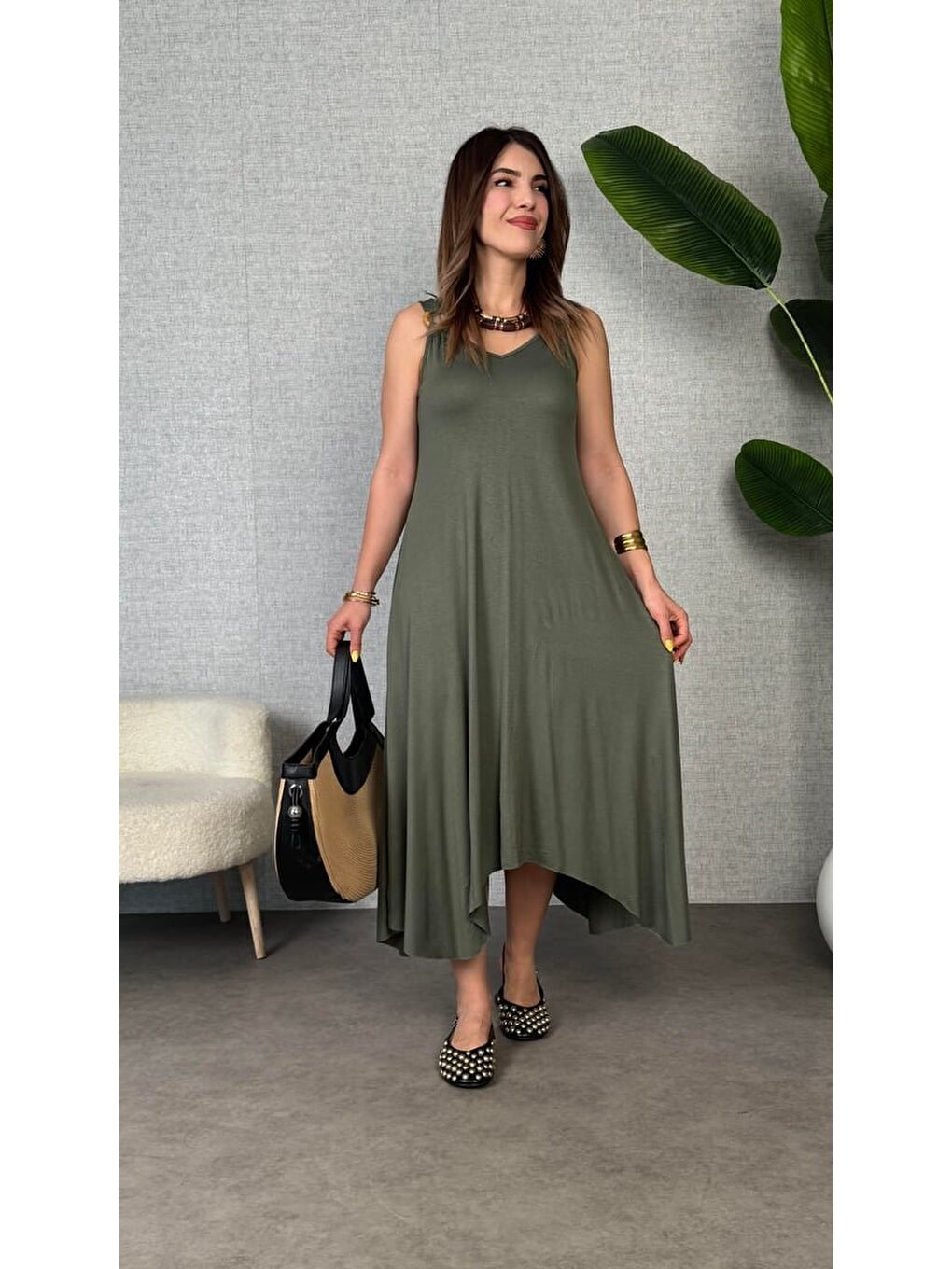Haki Kadın çan Dokuma Kumaş V Yaka Asimetrik Kesim Elbise-2