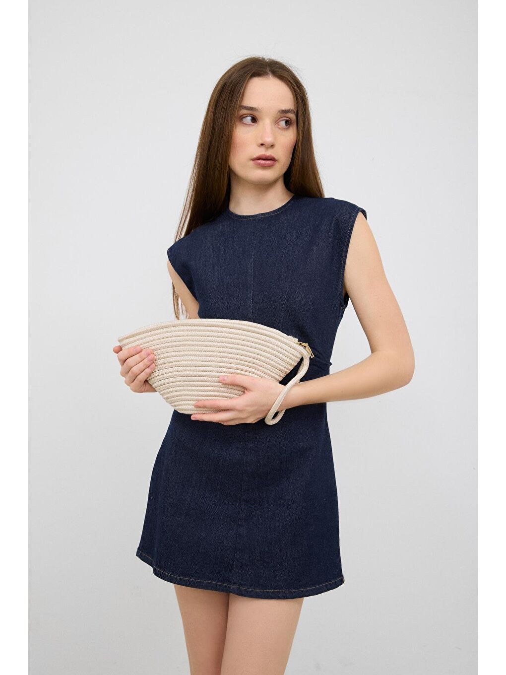 Ekru Rome Handmade Hasır Clutch Çanta Krem