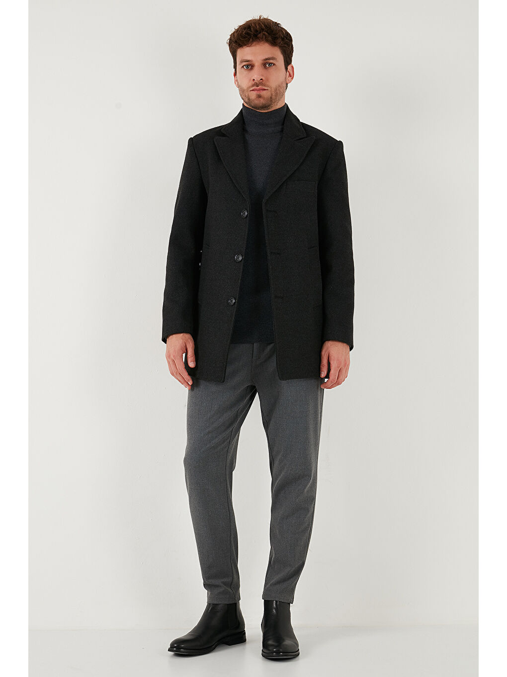 Gri Slim Fit Apaş Yaka Astarlı Kaşe Kaban 584K1217-1