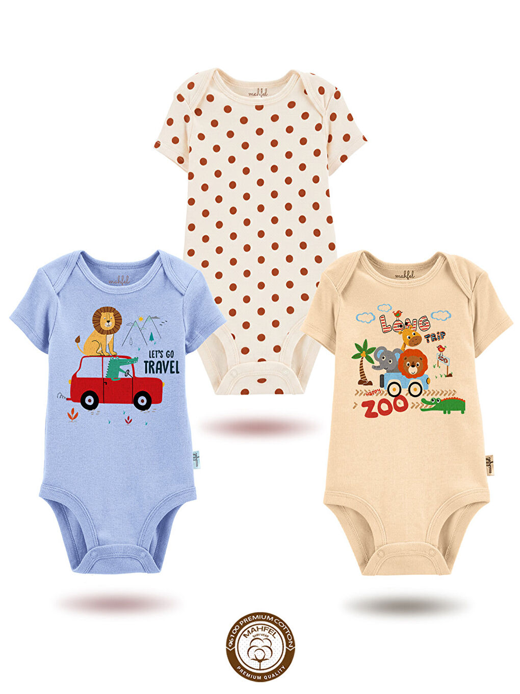 Bej 3'lü %100 Pamuklu Organik Baskılı Kısa Kollu Çıtçıtlı Bebek Body Zıbın 146-273