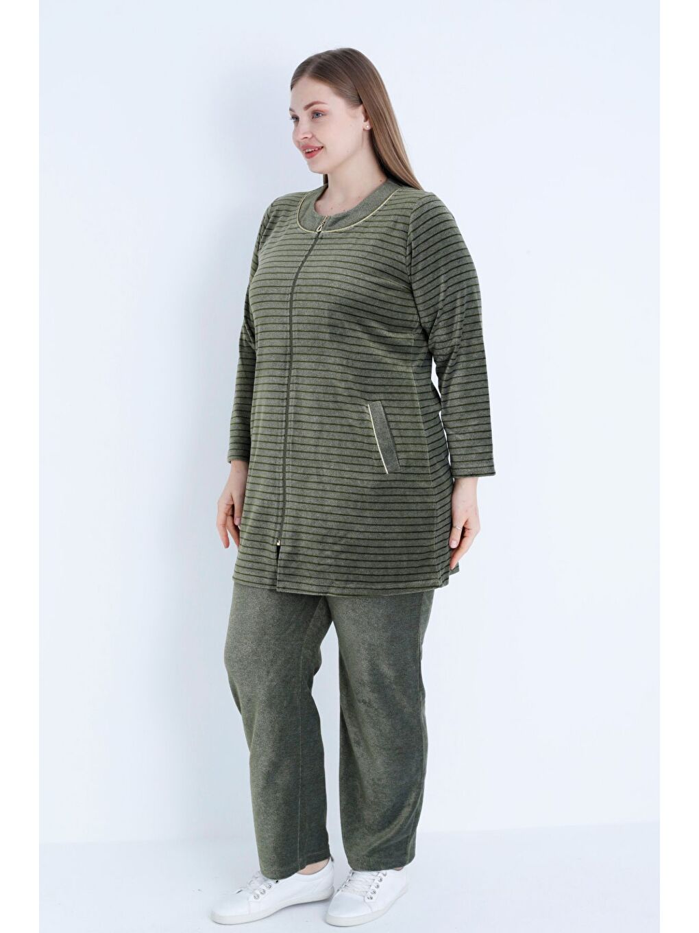 Haki kadın Kahverengi Çizgi Desenli Uzun Kollu Biyeli Fermuarlı Büyük Beden Pamuklu Kadife Alt Üst Takım-1