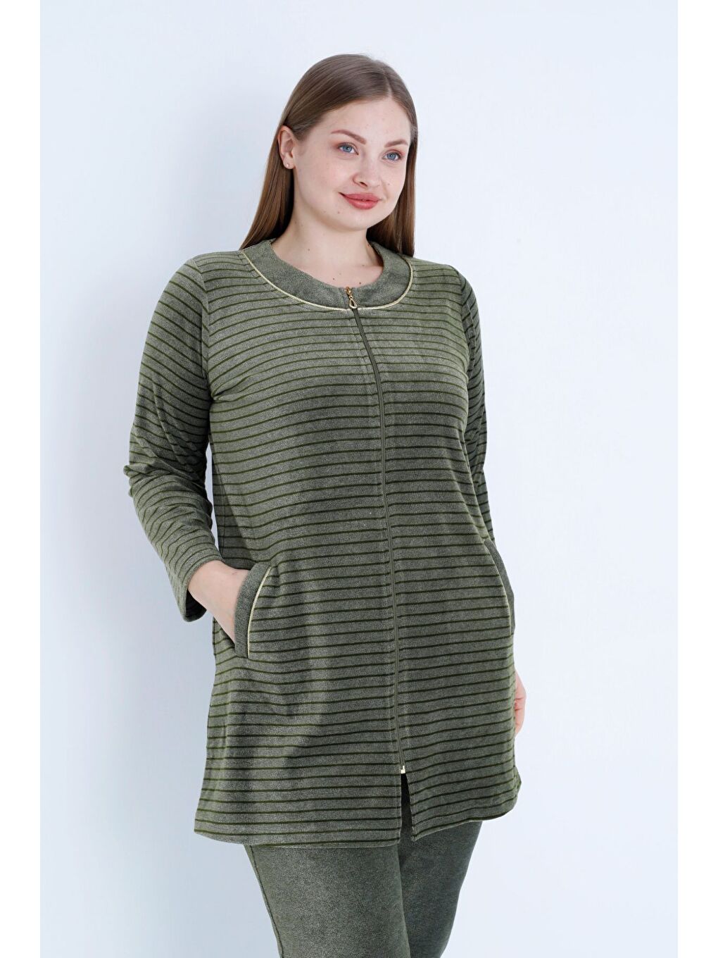 Haki kadın Kahverengi Çizgi Desenli Uzun Kollu Biyeli Fermuarlı Büyük Beden Pamuklu Kadife Alt Üst Takım-2