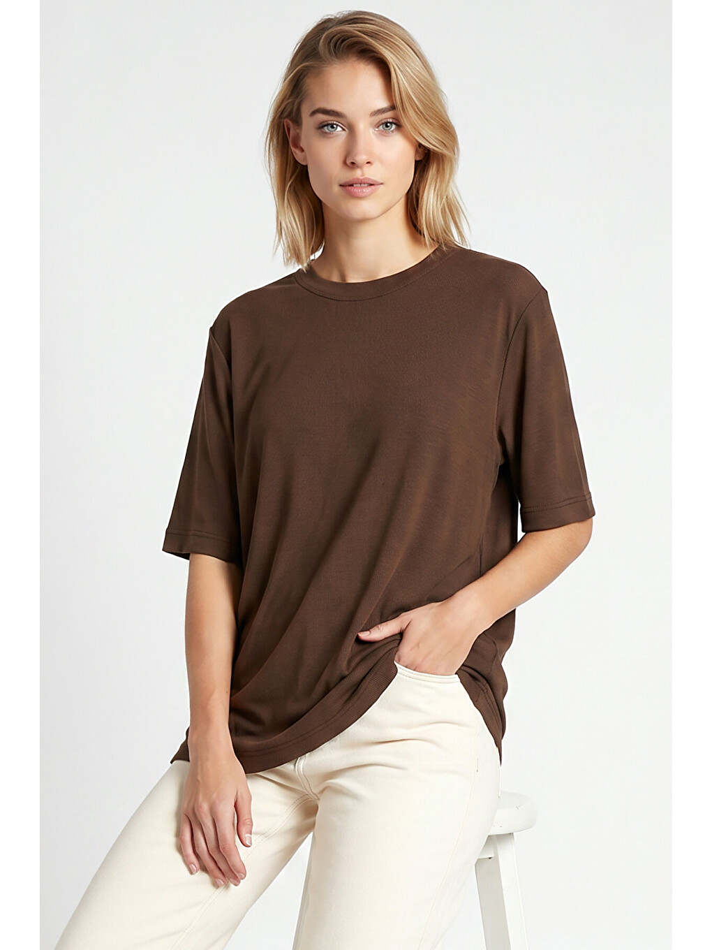 Kahverengi Oversize Basic Fitilli Modal T-shirt KAHVERENGİ LUB0361-1
