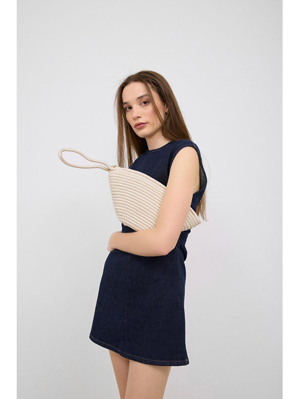 Ekru Rome Handmade Hasır Clutch Çanta Krem-2