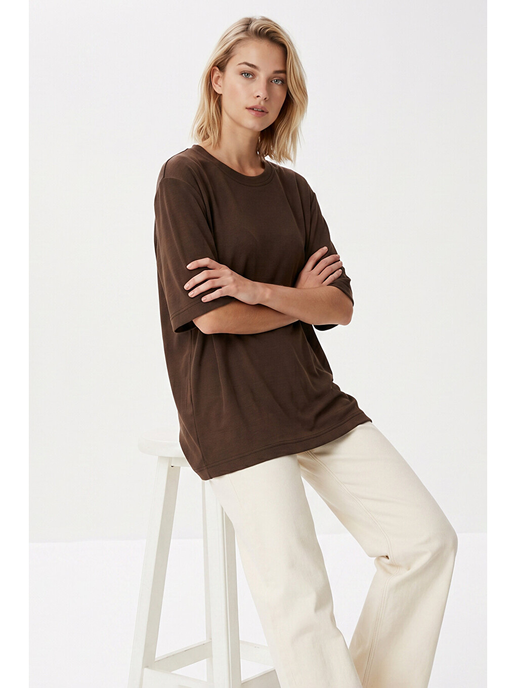 Kahverengi Oversize Basic Fitilli Modal T-shirt KAHVERENGİ LUB0361-2