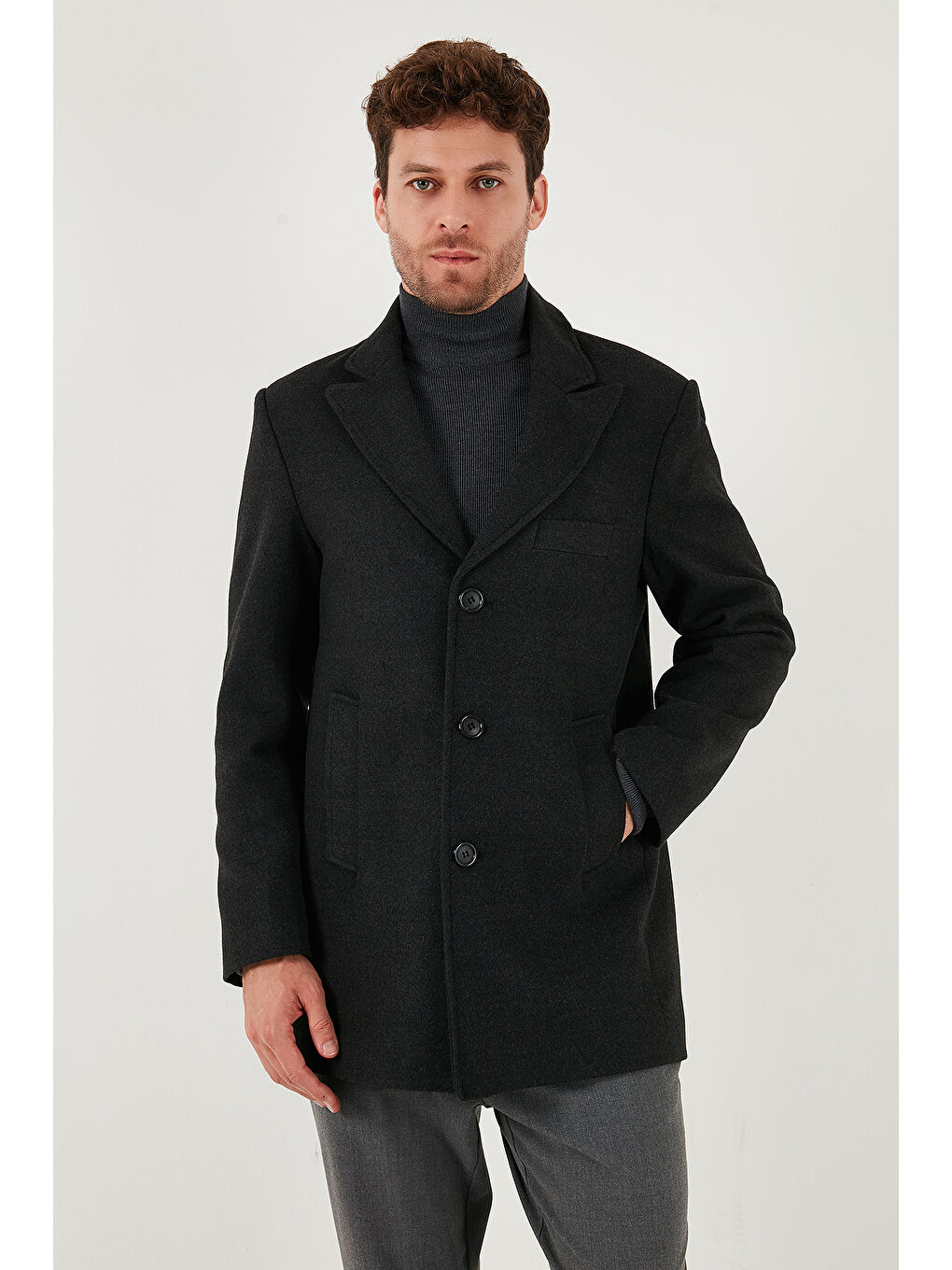 Gri Slim Fit Apaş Yaka Astarlı Kaşe Kaban 584K1217-2