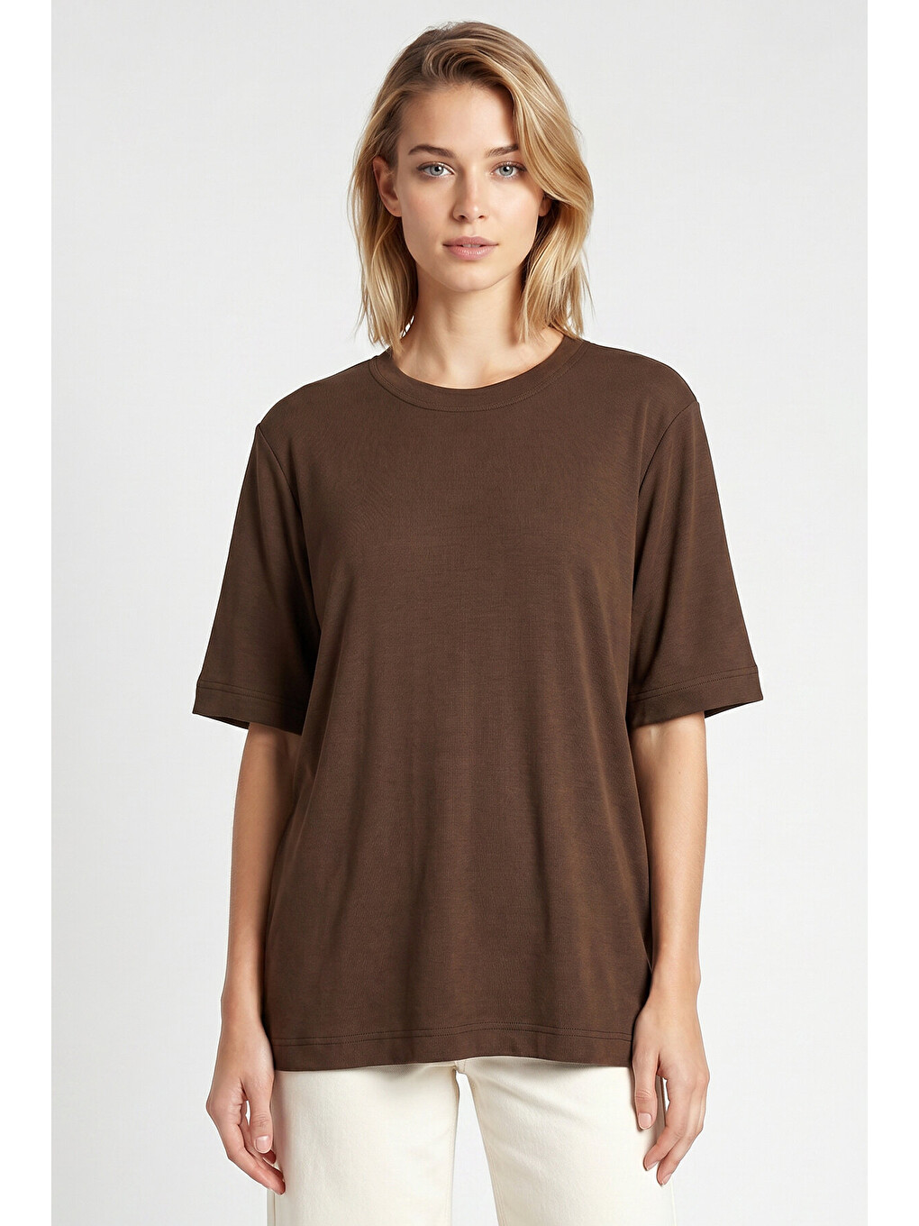 Kahverengi Oversize Basic Fitilli Modal T-shirt KAHVERENGİ LUB0361-3
