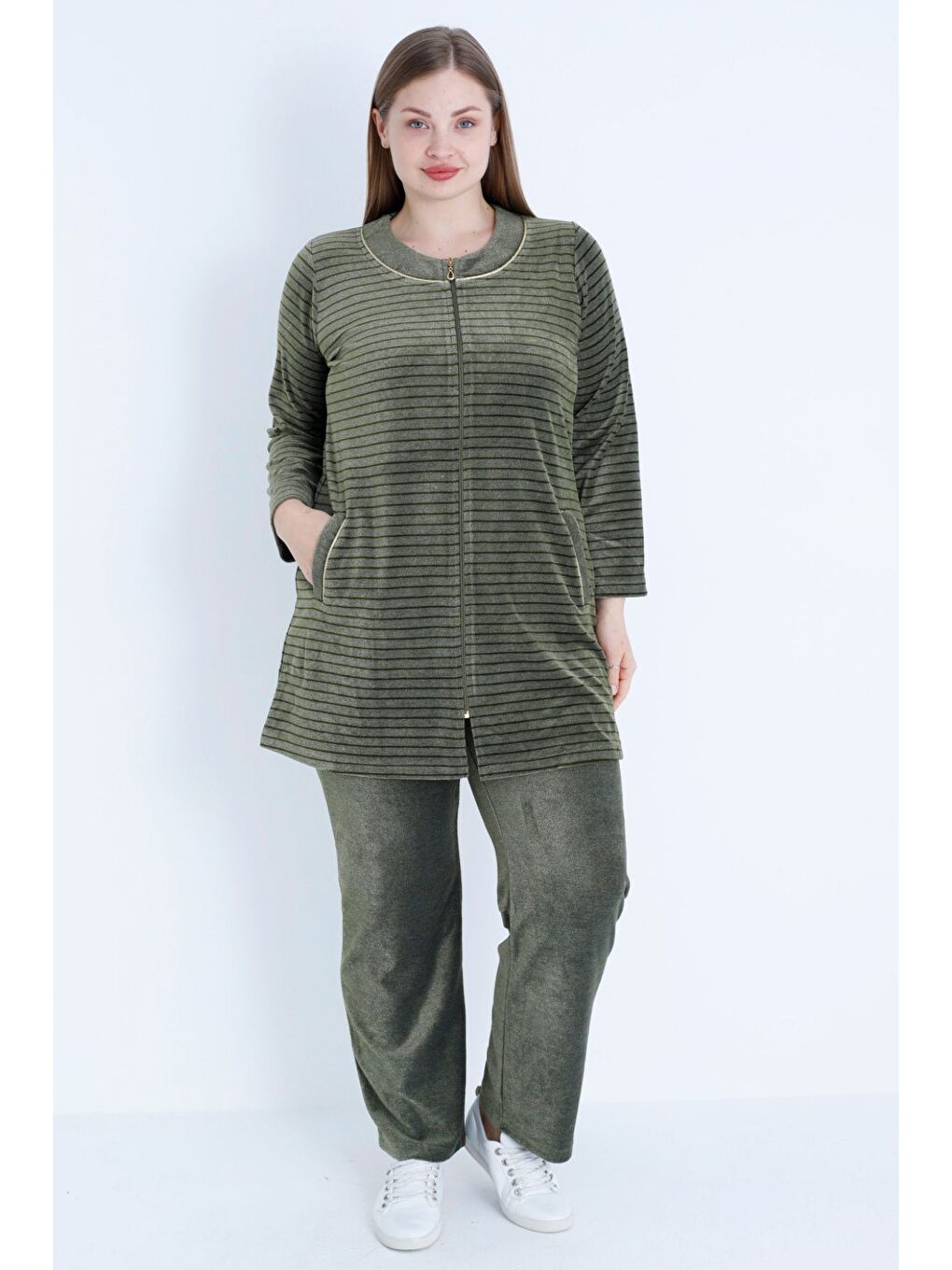 Haki kadın Kahverengi Çizgi Desenli Uzun Kollu Biyeli Fermuarlı Büyük Beden Pamuklu Kadife Alt Üst Takım-3