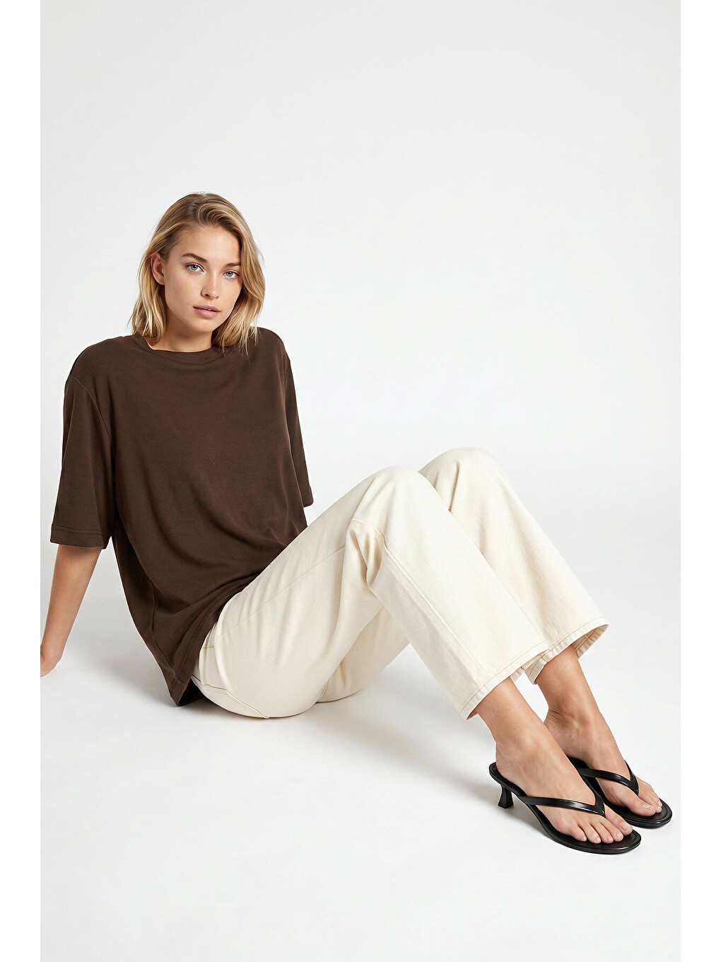 Kahverengi Oversize Basic Fitilli Modal T-shirt KAHVERENGİ LUB0361-4