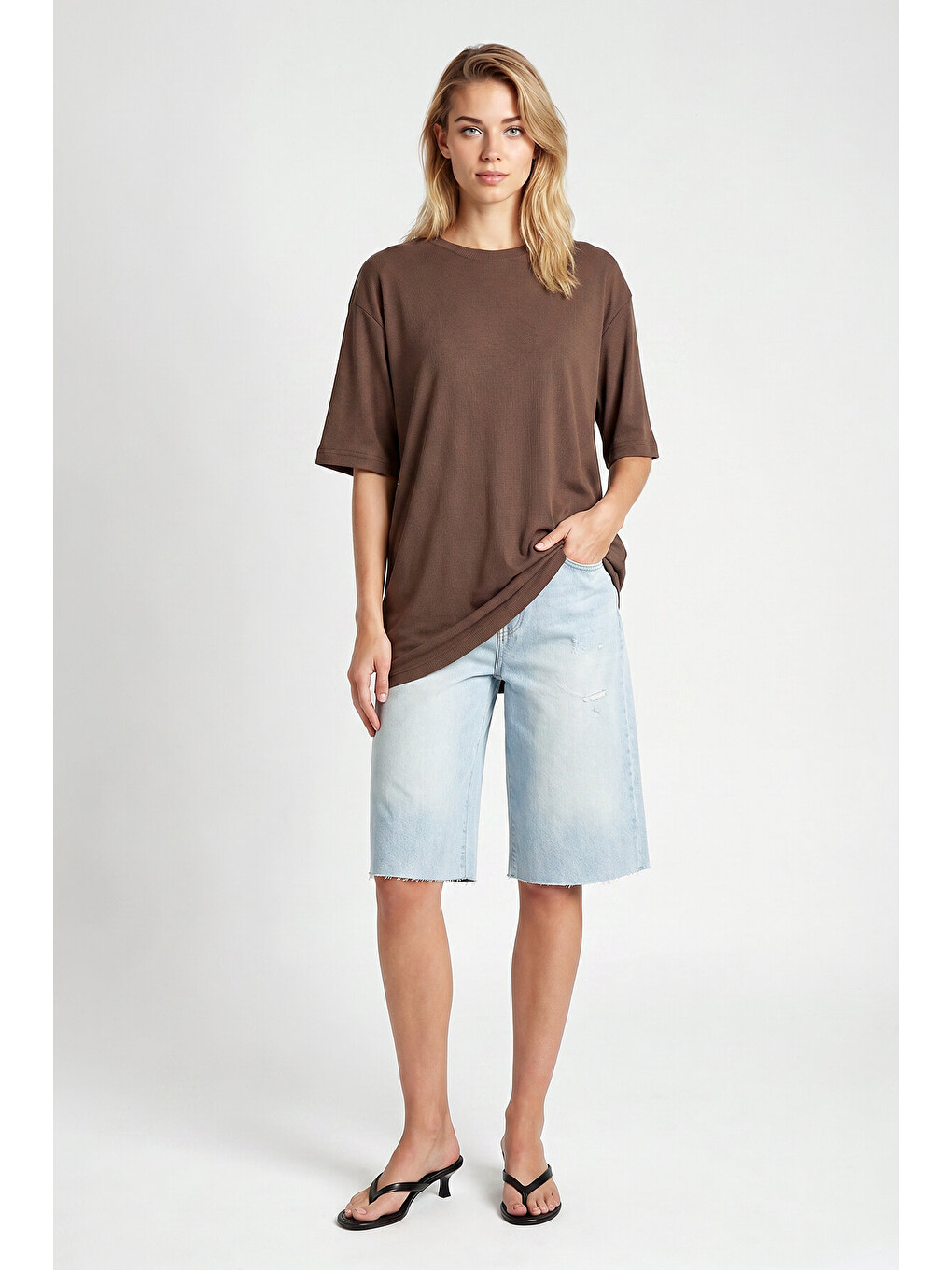 Bej Oversize Basic Fitilli Modal T-shirt VİZON LUB0361