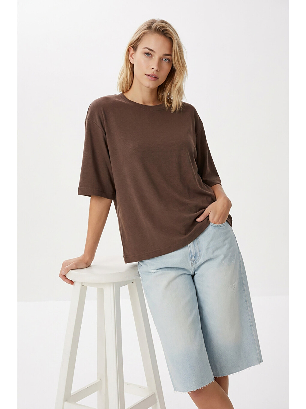 Bej Oversize Basic Fitilli Modal T-shirt VİZON LUB0361-1