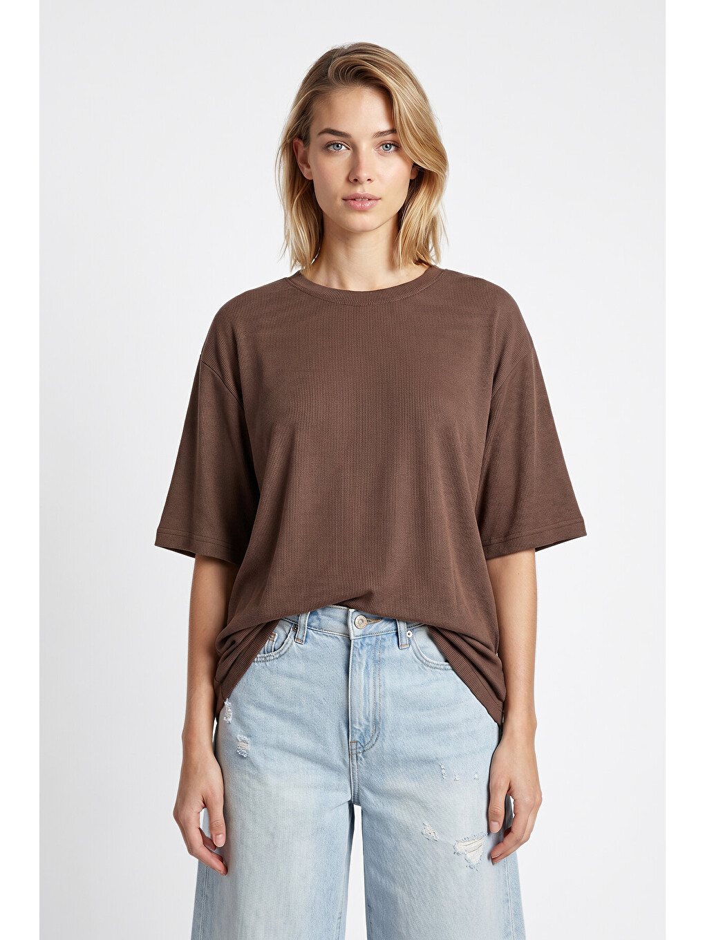 Bej Oversize Basic Fitilli Modal T-shirt VİZON LUB0361-2