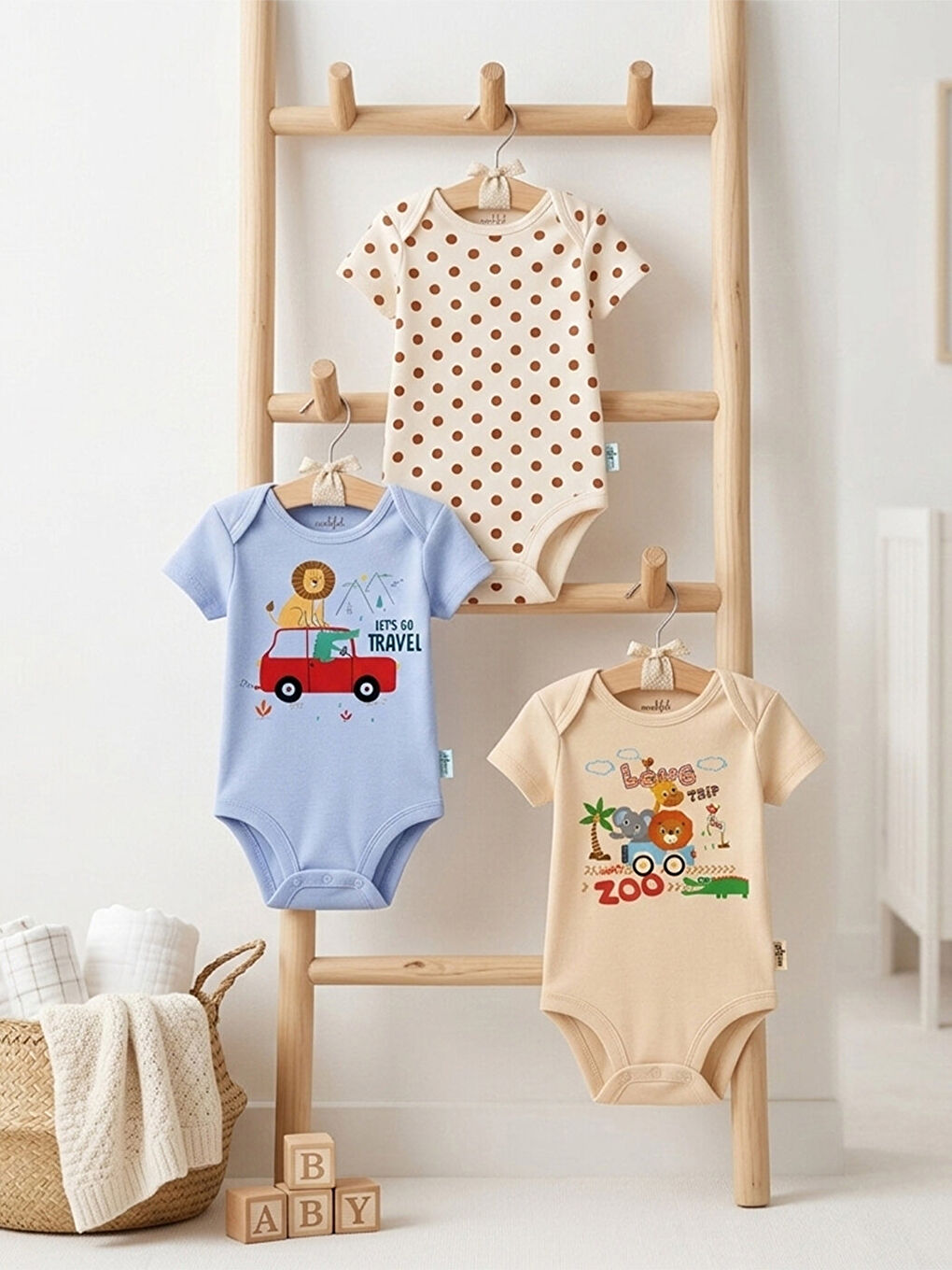 Bej 3'lü %100 Pamuklu Organik Baskılı Kısa Kollu Çıtçıtlı Bebek Body Zıbın 146-273-1