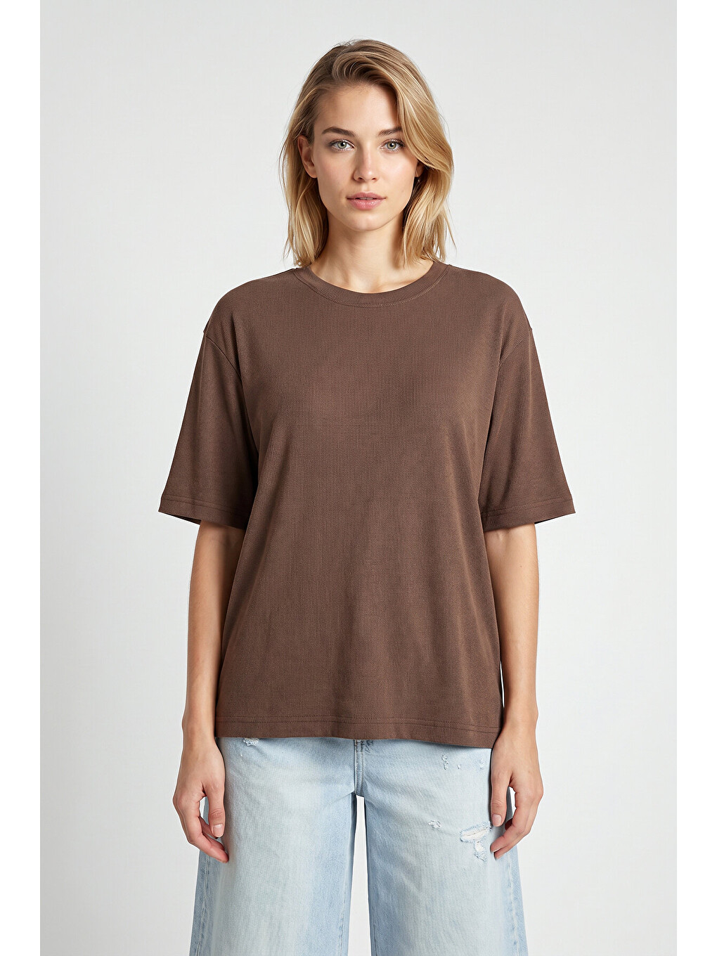 Bej Oversize Basic Fitilli Modal T-shirt VİZON LUB0361-3