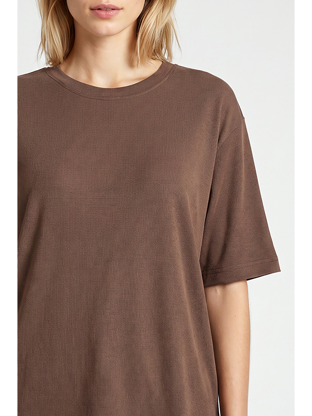 Bej Oversize Basic Fitilli Modal T-shirt VİZON LUB0361-4