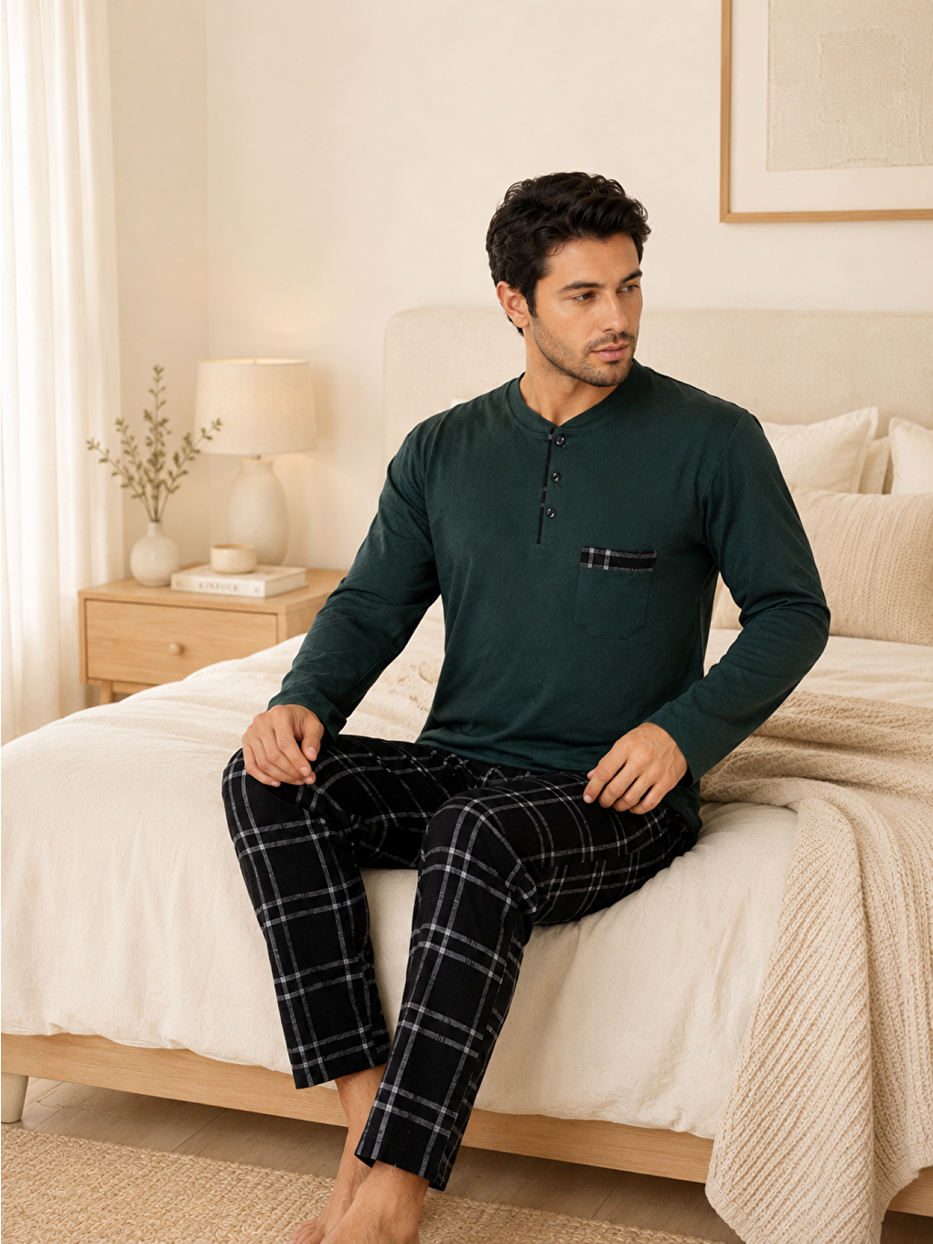 Haki PREMIUM Erkek %100 Doğal Pamuk Ekoseli Yüksek Kaliteli Düğmeli Cepli Uzun Kollu Pijama Takımı-1